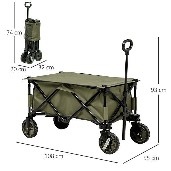 OUTSUNNY - Chariot de jardin pliable 4 roues - bâche amovible, poignée télescopique réglable, 5 pochettes rangement - acier polyester kaki - large