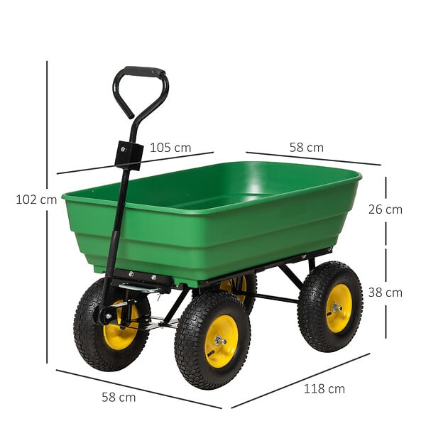 OUTSUNNY - Chariot de jardin à main benne basculante 75° 125L charge max. 200 Kg 4 roues pneumatiques acier PP jaune vert - large