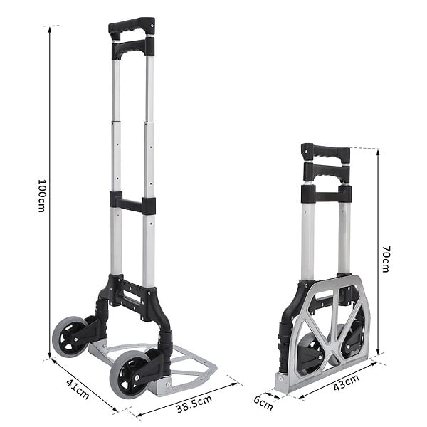 HOMCOM - Chariot diable pliable leger telescopique charge 70kg en aluminium argent-noir - large