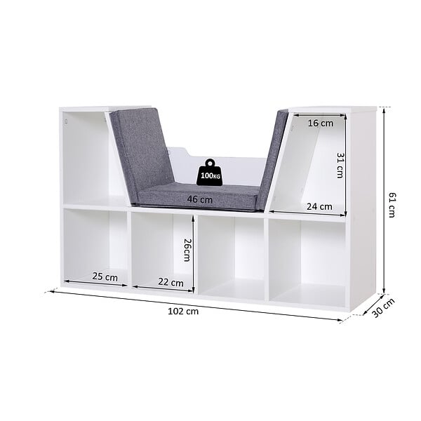 HOMCOM - Bibliothèque banc 2 en 1 design contemporain 6 casiers 3 coussins fournis 102L x 30l x 61H cm blanc gris chiné - large