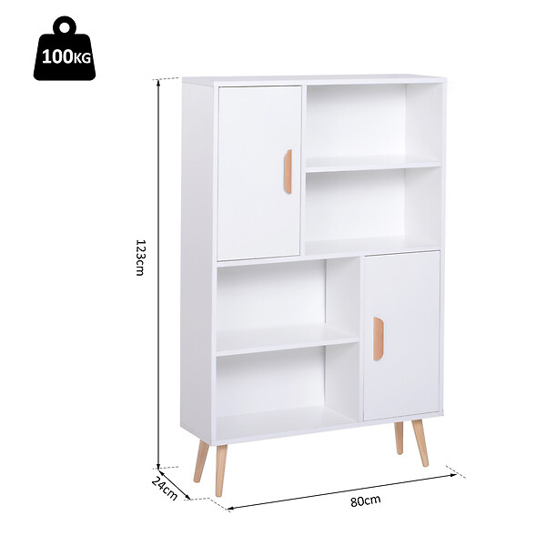 HOMCOM - Bibliothèque scandinave 4 niches + 2 placards avec étagère dim. 80L x 24l x 123H cm pieds effilés inclinés bois massif panneaux particules blanc - large