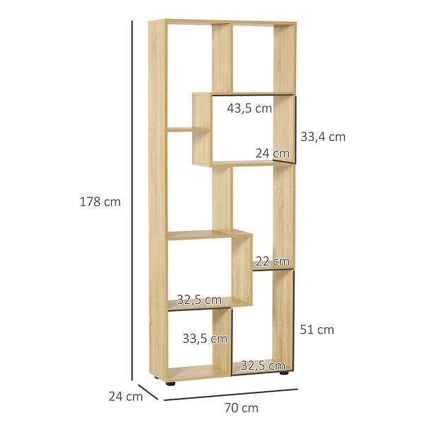 HOMCOM - Bibliothèque étagère meuble de rangement dim. 70L x 24l x 178H cm en zigazag et 8 espaces en panneau de particules naturel - large