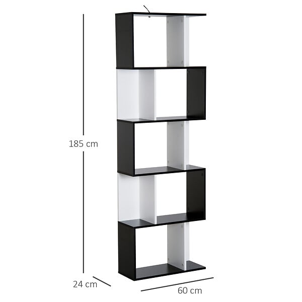HOMCOM - Bibliothèque étagère meuble de rangement design contemporain en S 5 étagères 60L x 24l x 185H cm noir blanc - large