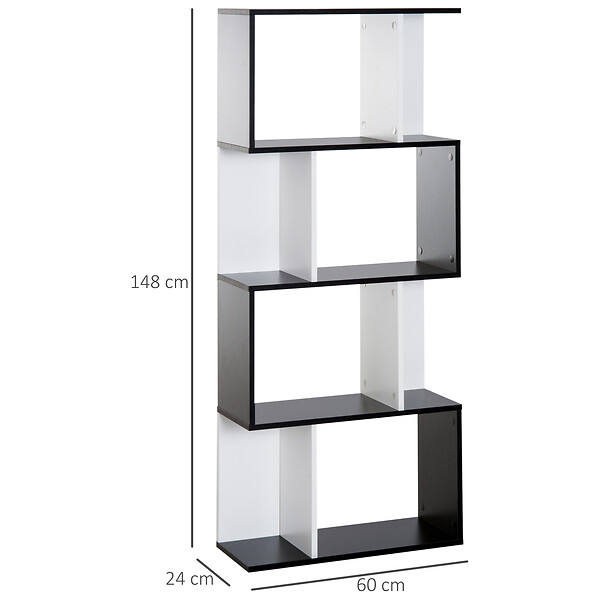 HOMCOM - Bibliothèque étagère meuble de rangement design contemporain en S 4 étagères 60L x 24l x 148H cm noir blanc - large