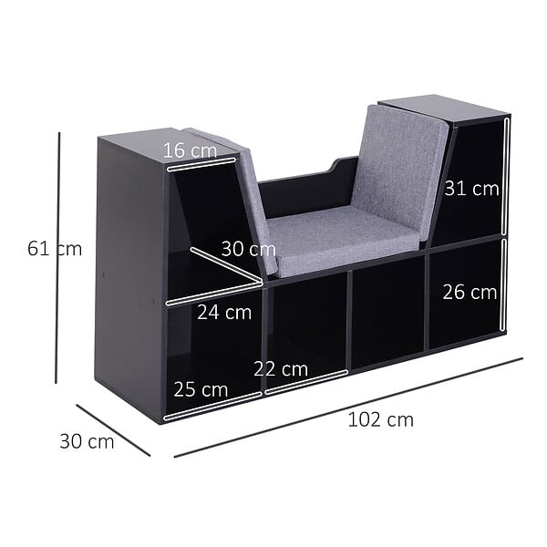 HOMCOM - Bibliothèque banc 2 en 1 design contemporain 6 casiers 3 coussins fournis 102L x 30l x 61H cm noir gris - large
