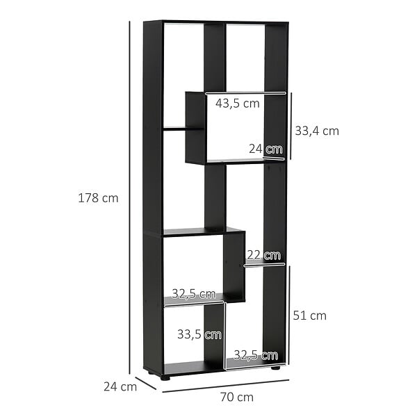 HOMCOM - Bibliothèque étagère meuble de rangement dim. 70L x 24l x 178H cm en zigazag et 8 espaces en panneau de particules noir - large