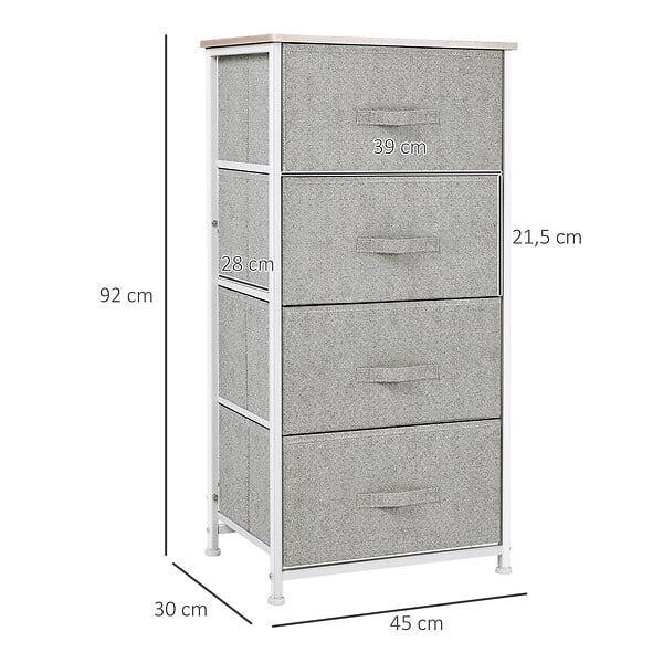HOMCOM - Chiffonnier meuble de rangement dim. 45L x 30l x 92H cm 4 tiroirs non-tissés gris structure métal blanc plateau MDF bois clair - large