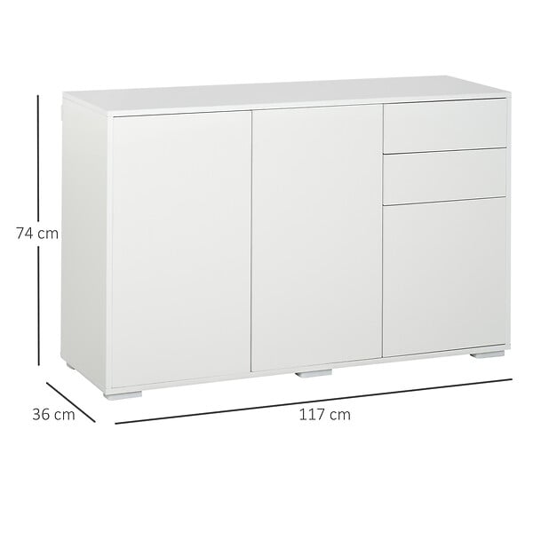 HOMCOM - Commode buffet de rangement 2 tiroirs coulissants 3 portes étagère réglable panneaux de particules 117 x 36 x 74 cm blanc - large