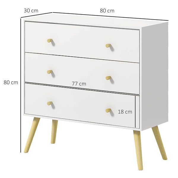 HOMCOM - Commode 3 tiroirs design scandinave piètement effilé incliné bois pin panneaux blanc - large