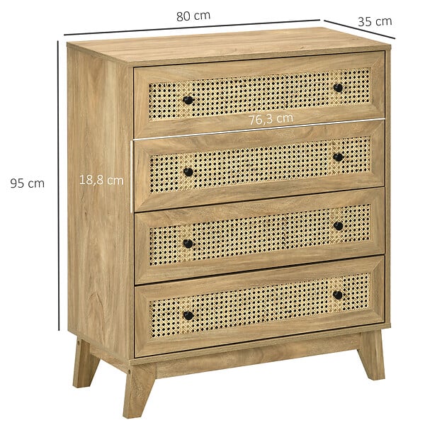 HOMCOM - Commode 4 tiroirs style bohème chic cannage en rotin aspect bois de manguier - large