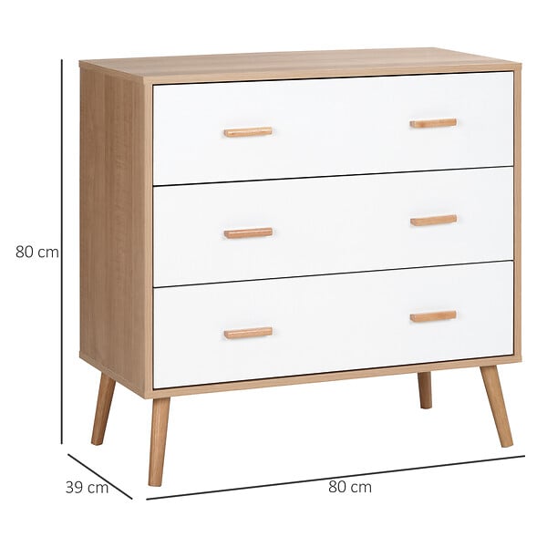HOMCOM - Commode design scandinave sur pieds 3 tiroirs coulissants pieds effilés inclinés panneaux particules blanc aspect bois clair - large