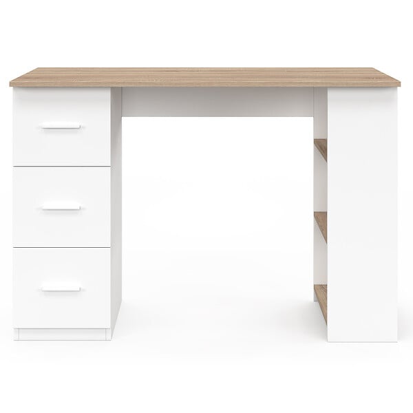 ID MARKET - Bureau droit MAE 3 tiroirs avec étagères de rangement blanc et bois - large