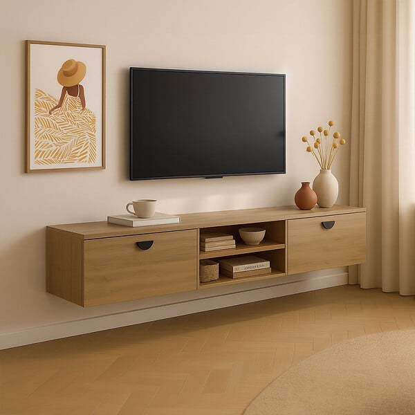 OVIALA - Meuble TV suspendu 160 cm industriel bois clair - Jessy - large
