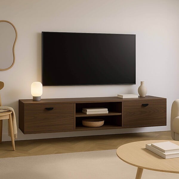 OVIALA - Meuble TV suspendu 160 cm industriel bois foncé - Jessy - large