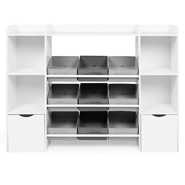 ID MARKET - Meuble de rangement enfant MANA 7 étagères, 9 bacs en tissu et 2 cubes sur roulettes blanc - large