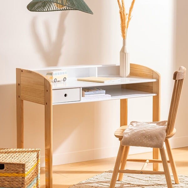 ATMOSPHERA - Bureau enfant primaire en Bois Blanc et Naturel H 85 cm - large
