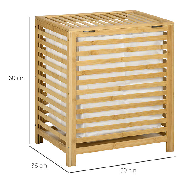 HOMCOM - Panier à linge - sac en tissu amovible, couvercle - dim. 50L x 36l x 60H - bois bambou verni - large