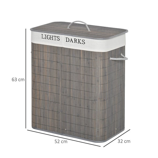 HOMCOM - Panier à linge corbeille à linge 2 bacs bambou pliable couvercle poignée sac amovible en toile gris - large