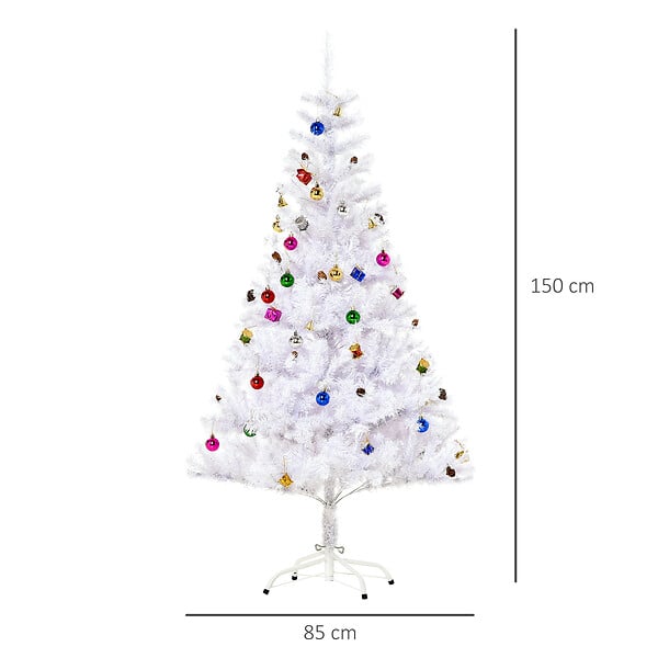 HOMCOM - Sapin arbre de Noël artificiel blanc 150 cm 680 branches avec nombreux accessoires variés - large