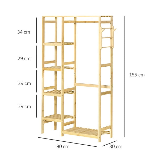 HOMCOM - Penderie porte-manteaux - 5 étagères, espace penderie, 2 patères - dim. 90L x 30l x 155H cm - bois bambou - large