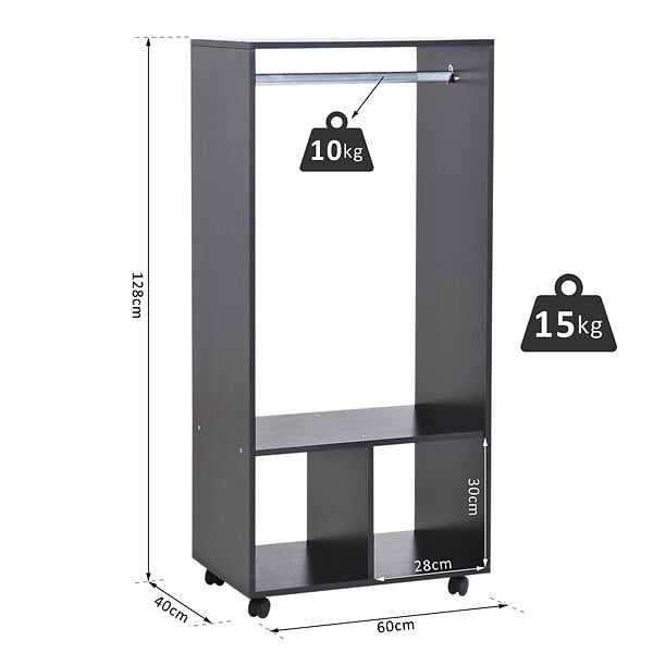 HOMCOM - Armoire penderie étagère 2 niches penderie 4 roulettes pivotantes dim. 60L x 40l x 128H cm noir - large