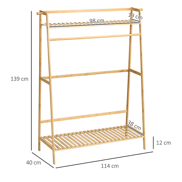 HOMCOM - Portant à vêtements penderie - 2 étagères, 2 patères, barre de suspension - bambou verni - large