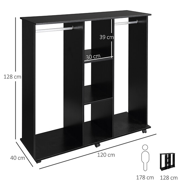 HOMCOM - Armoire penderie meuble de rangement mobile 6 roulettes 120L x 40l x 128H cm panneaux de particules aspect bois noir - large