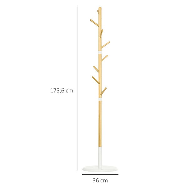 HOMCOM - Porte-manteau design scandinave branches 8 patères Ø 37,8 x 175,6H cm piètement métal blanc bois bambou verni - large