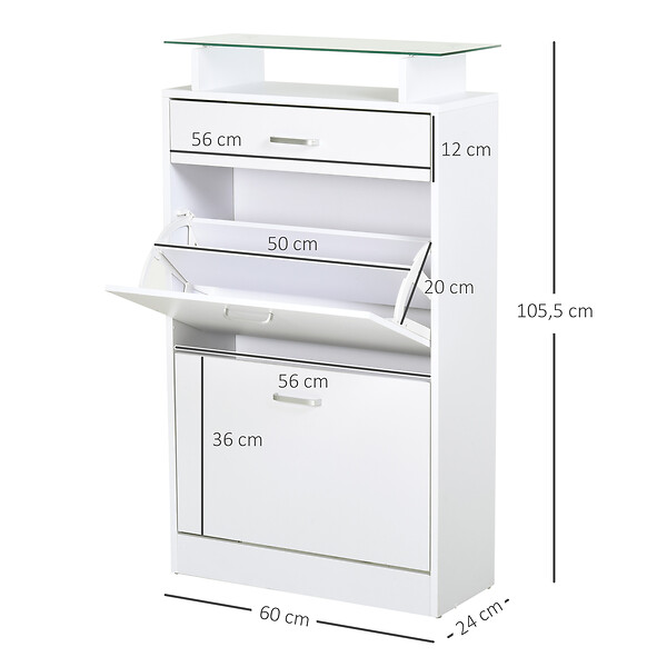 HOMCOM - Armoire à chaussures organisateur de luxe pour chaussures 2 portes abattantes 2 compartiments, tiroir, étagère verre panneaux particules blanc - large