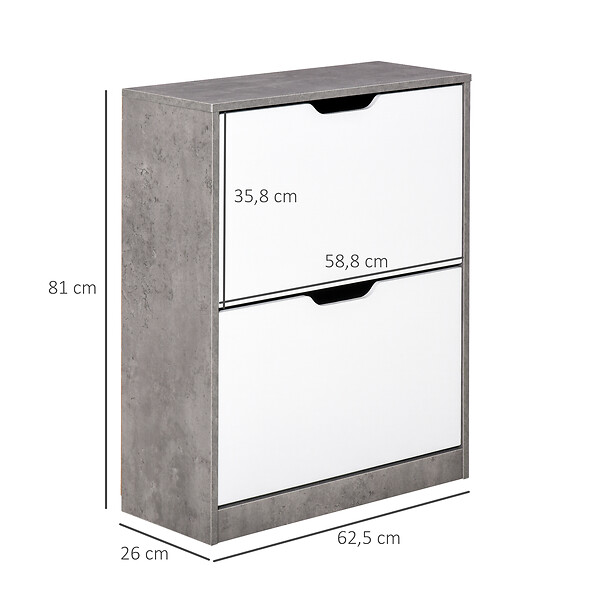 HOMCOM - Armoire à  chaussures meuble à  chaussures dim. 62L x 26l x 81H cm 2 portes abattantes blanc effet béton ciré - large