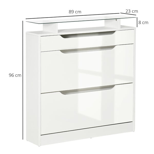 HOMCOM - Armoire à chaussures avec 2 tiroirs rabattables + 1 tiroir coulissant + 1 comptoir et 1 plateau en verre étagère réglable sur 2 niveaux 89 x 23 x 96 cm blanc - large
