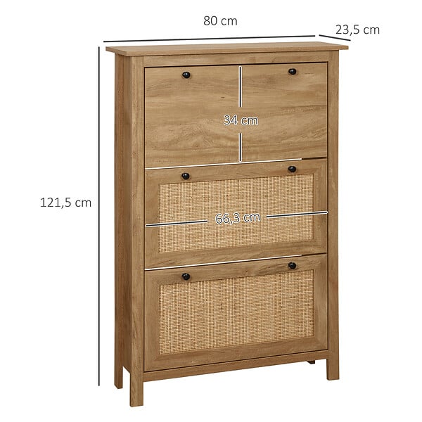 HOMCOM - Meuble à chaussures 3 portes abattants dim. 80L x 23,5L x 121,5H cm aspect bois effet cannage rotin - large