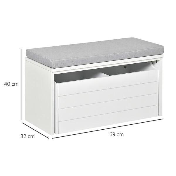 HOMCOM - Banc de rangement avec coussin gris - meuble à  chaussures - banc à  chaussures avec grand tiroir double compartiment - MDF blanc - large