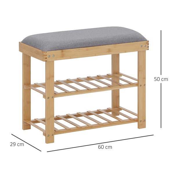 HOMCOM - Meuble à  chaussures banc à  chaussures 2 étagères coussin gris intégré bambou - large