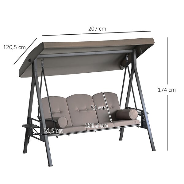 OUTSUNNY - Balancelle de jardin 3 places grand confort toit inclinaison réglable coussins plateaux rétractables polyester filé marron - large