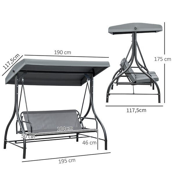 OUTSUNNY - Balancelle de jardin 3 places convertible matelas fourni gris métal noir - large