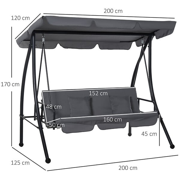 OUTSUNNY - Balancelle de jardin convertible 3 places grand confort inclinaison toit réglable matelas fourni 2L x 1,25l x 1,7H m métal polyester noir anthracite - large
