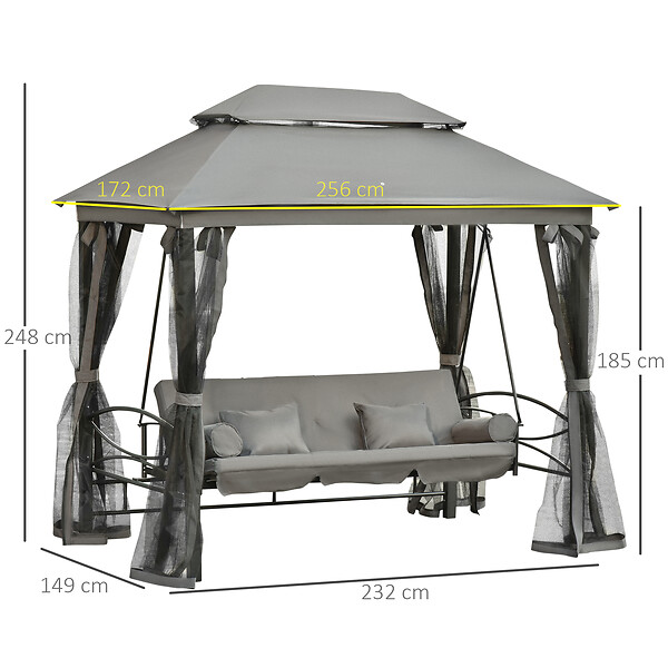 OUTSUNNY - Balancelle de jardin 3 places convertible style colonial grand confort 5 coussins + matelas + moustiquaires inclus 2,56L x 1,72l x 2,48H m gris - large