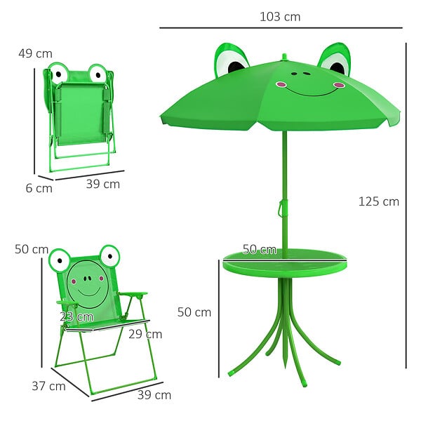 OUTSUNNY - Ensemble salon de jardin enfant 4 pcs design grenouille - table ronde + 2 chaises pliables + parasol - métal époxy oxford vert - large