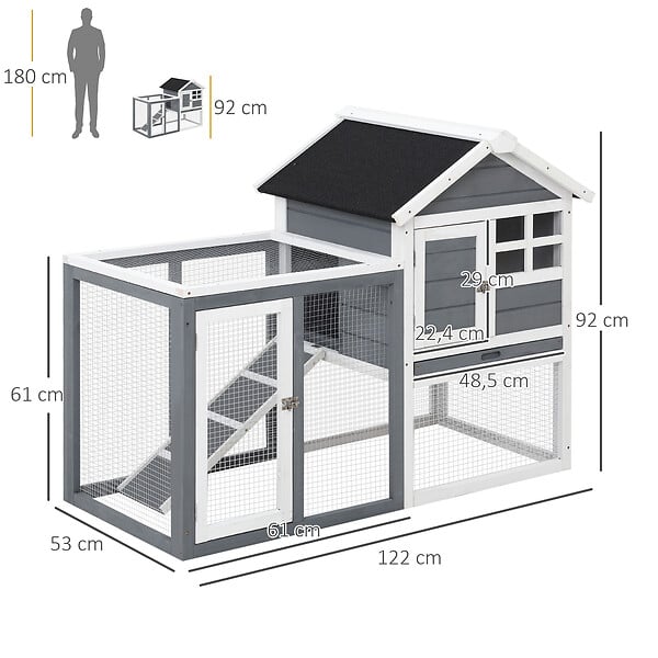 PAWHUT - Clapier cage à lapins multi-équipé : niche supérieure avec rampe, plateau excrément, fenêtre + enclos  extérieur sécurisé 2 portes 122L x 63l x 92H cm gris - large