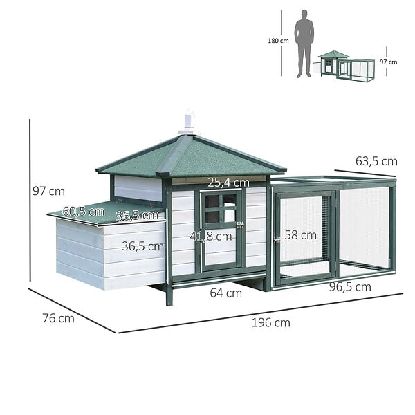 PAWHUT - Poulailler cottage multi-équipement perchoir rampe pondoir enclos tiroir à déjection 196L x 76l x 97H cm bois massif pin vert blanc - large