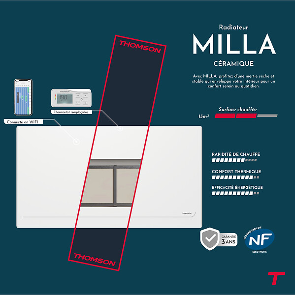 THOMSON - Radiateur électrique fixe à inertie sèche céramique - THOMSON - MILLA 2000W - Connecté WiFi - blanc - NF - large