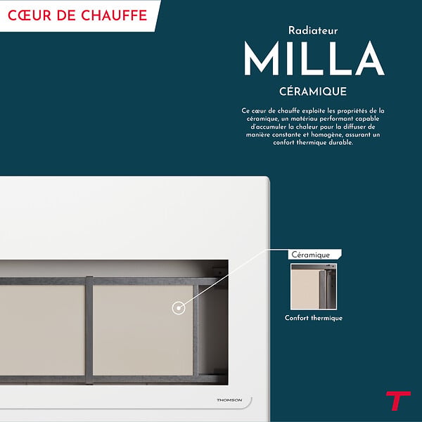 THOMSON - Radiateur électrique fixe à inertie sèche céramique - THOMSON - MILLA 2000W - Connecté WiFi - blanc - NF - large