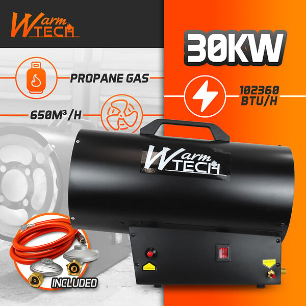 WARM TECH - Canon à chaleur au gaz 30 KW avec tuyau et détendeur - large