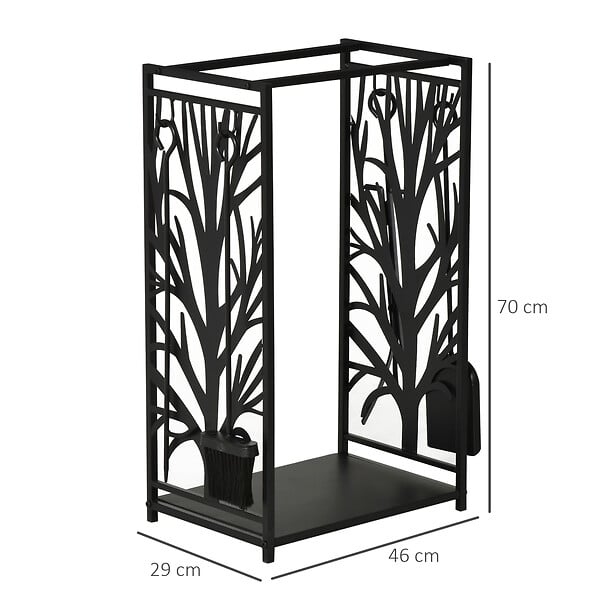 HOMCOM - Serviteur de cheminée arbre - porte bûches - range bûches multi accessoires étagère 46L x 29l x 70H cm acier noir - large
