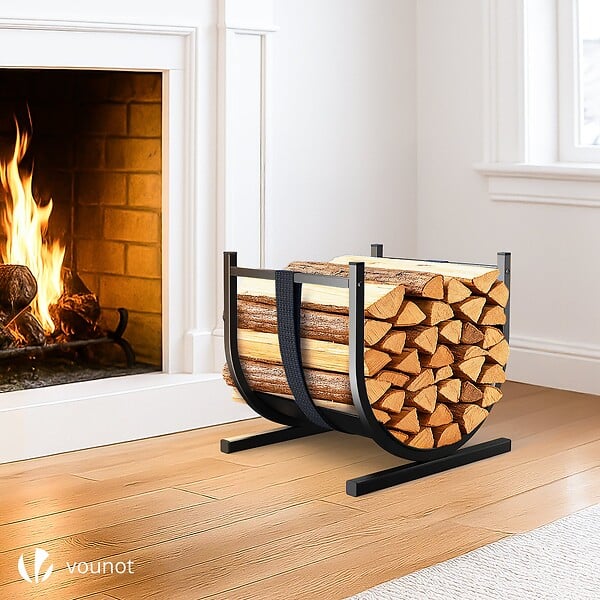 VOUNOT - Range Buche Support a bois avec Sangle de Sécurité 41x37x39.5cm en Metal noir - large