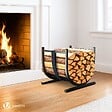 VOUNOT - Range Buche Support a bois avec Sangle de Sécurité 41x37x39.5cm en Metal noir - vignette
