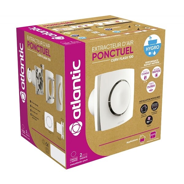 ATLANTIC - Extracteur Ponctuel Manuel Curv Flash 100i - Wc Et Salle De Bain - 90m³/h - 28 Db(a) - Blanc - large