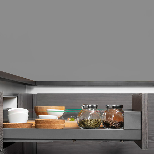 EMUCA - tiroir Extérieur Vertex 40kg côtés en verre 93mm de haut, 450mm de profondeur, Acier & Aluminium et Verre, Gris Anthracite - large