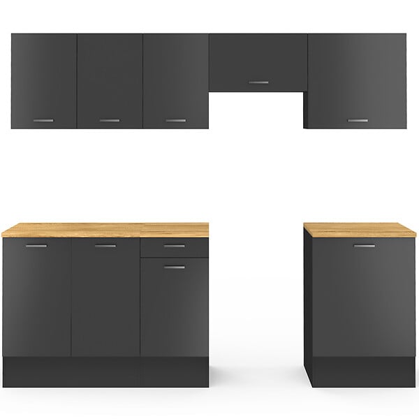 ID MARKET - Cuisine complète 240 cm SUBTIL avec plan de travail 7 éléments noir et plateaux bois - large
